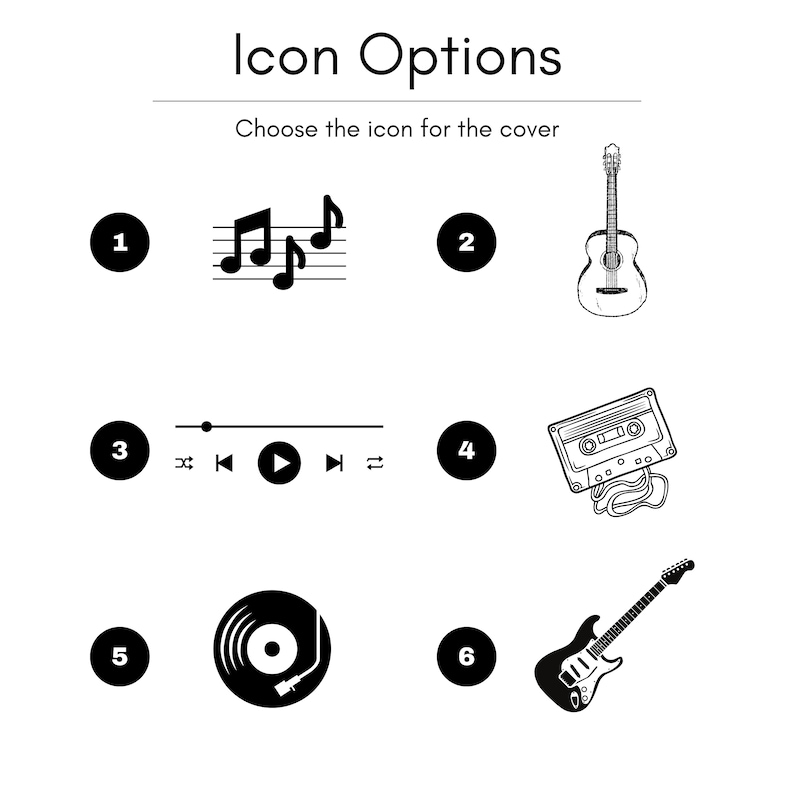 May include: Six black and white icons representing different music genres. The icons include musical notes, a guitar, a cassette tape, a record player, a music player control panel, and an electric guitar.