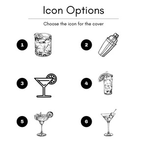 May include: Black and white line drawings of six cocktail icons, numbered 1 through 6. The icons include a cocktail glass, a cocktail shaker, a margarita, a highball, a margarita, and a martini. Text at the top reads "Icon Options".
