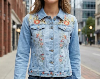 Op maat gemaakt spijkerjack voor dames met geborduurde bloemen, boho-spijkerjack voor haar