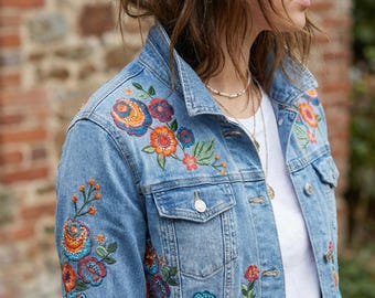 Denimjack voor dames met geborduurde bloemen, boho-denimjack voor haar