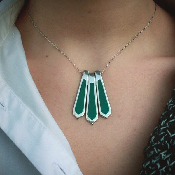 Unique Design Necklace: Sterling Silver Pendant, Elegant Silver Necklaces, Stylish 925 Silver Handmade Pendant, Green Enamel with Silver