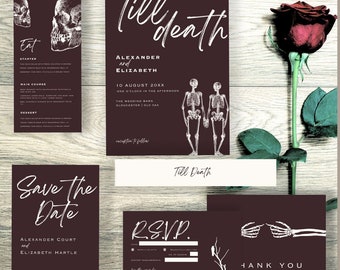 Till Death Do Us Part Wedding Stationery Template Suite, Gothic Wedding Invitations, Halloween Wedding, Skeleton, Occult, Tarot Wedding