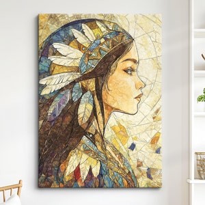 Serene Indian Woman Portrait Canvas Art - Elegant African Beauty - Bohemian Wall Decor, Rustic Home Art Print, Neutral Tones Oil Painting
