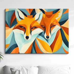 Fox Canvas Art Geometric Shapes Animal Painting Modern Wildlife Wall Decor Natural Home/Office Decoration Perfect Gift for Animal Lovers