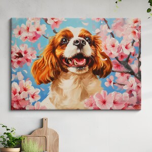 Happy Cavalier King Charles Spaniel in Cherry Blossoms - Vibrant Canvas Art And Poster Print for Dog Lovers, Home Decor, Wall Art, Pet Art