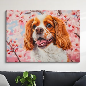 Happy Cavalier King Charles Spaniel in Cherry Blossoms - Vibrant Canvas Art And Poster Print for Dog Lovers, Home Decor, Wall Art, Pet Art