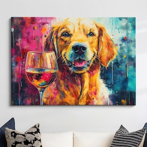 Labrador Retriever Drinking Wine Dog Pet Abstract Oil Painting Framed Poster Print - Framed Canvas Wall Art Living Home Decor Interior Gift