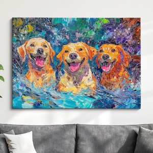 Vibrant Labrador Retriever Canvas Art - Colorful Dog Painting - Joyful Pet Portrait Wall Decor - Dogs Swimming Artwork - Animal Lovers Gift