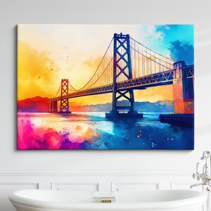 Golden Gate Bridge Watercolor Canvas Art - Vibrant San Francisco Skyline Wall Decor - Modern Bridge Artwork Home or Office Colorful Painting