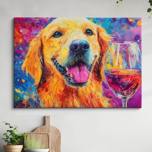 Labrador Retriever Drinking Wine Dog Pet Abstract Oil Painting Framed Poster Print - Framed Canvas Wall Art Living Home Decor Interior Gift