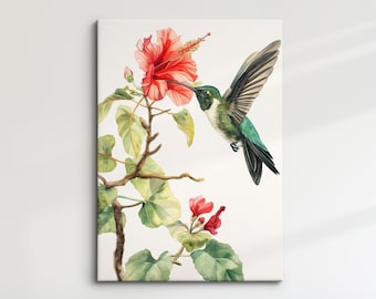 Elegant Hummingbird Canvas Art Watercolor Floral Painting Nature-Inspired Wall Decor Botanical Art for Home and Office Gift for Bird Lovers
