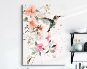Elegant Hummingbird Canvas Art Watercolor Floral Painting Nature-Inspired Wall Decor Botanical Art for Home and Office Gift for Bird Lovers
