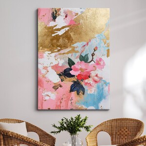 Abstract Feminine Portrait Canvas Art - Gold Leaf and Floral Accents - Modern Boho Wall Decor - Chic Home Decoration Gift for Her