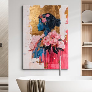Abstract Feminine Portrait Canvas Art - Gold Leaf and Floral Accents - Modern Boho Wall Decor - Chic Home Decoration Gift for Her