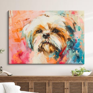 May include: A colorful abstract painting of a white dog with brown fur around its eyes and nose. The dog is looking directly at the viewer. The background is a mix of pink, orange, blue, and green.