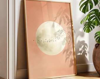 Soft Pink Moon with Birds Wall Art · Minimalist Scandi · Abstract Moon Painting · Large Room Decor · Framed Calming Moon Poster Print Art