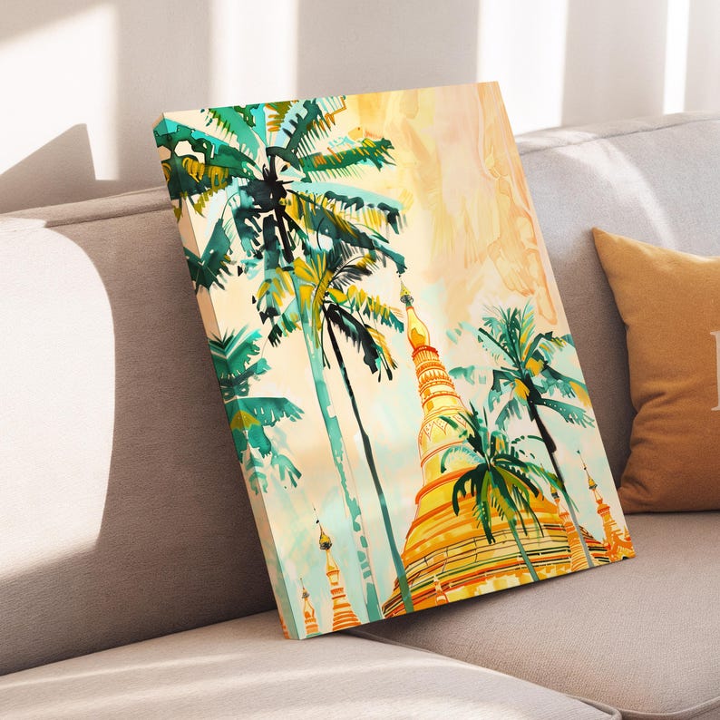 Shwedagon Pagoda Wall Art Tropical Burma Painting Golden Buddhist Shwedagon Pagoda Wall Art Tropical Burma Painting Golden Buddhist