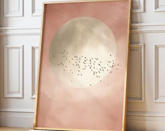 Soft Pink Moon with Birds Wall Art · Minimalist Scandi · Abstract Moon Painting · Large Room Decor · Framed Calming Moon Poster Print Art