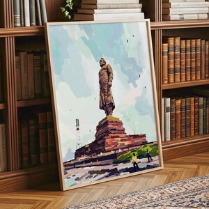 May include: Framed art print depicting a statue on a large pedestal, rendered in a painterly style. The artwork features a color palette of browns, blues, and greens, with a light-colored frame. The print is displayed in a room with bookshelves.