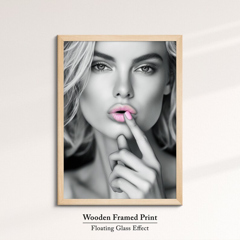White Woman Beauty Art Fashion Pink Lips Female Framed Print & Framed