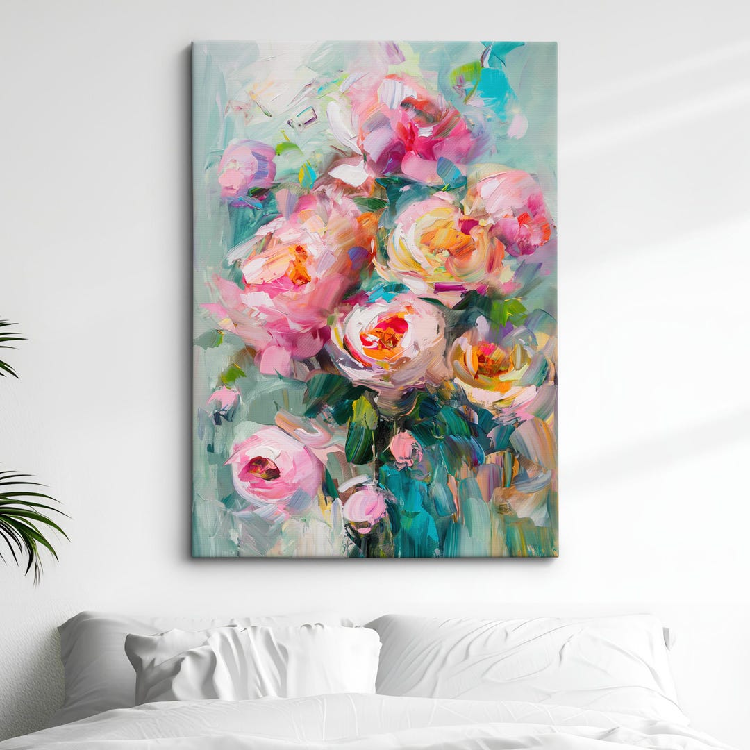 Abstract Floral Wall Art Print · Blush Pink Peony Bouquet · Pastel Teal ...