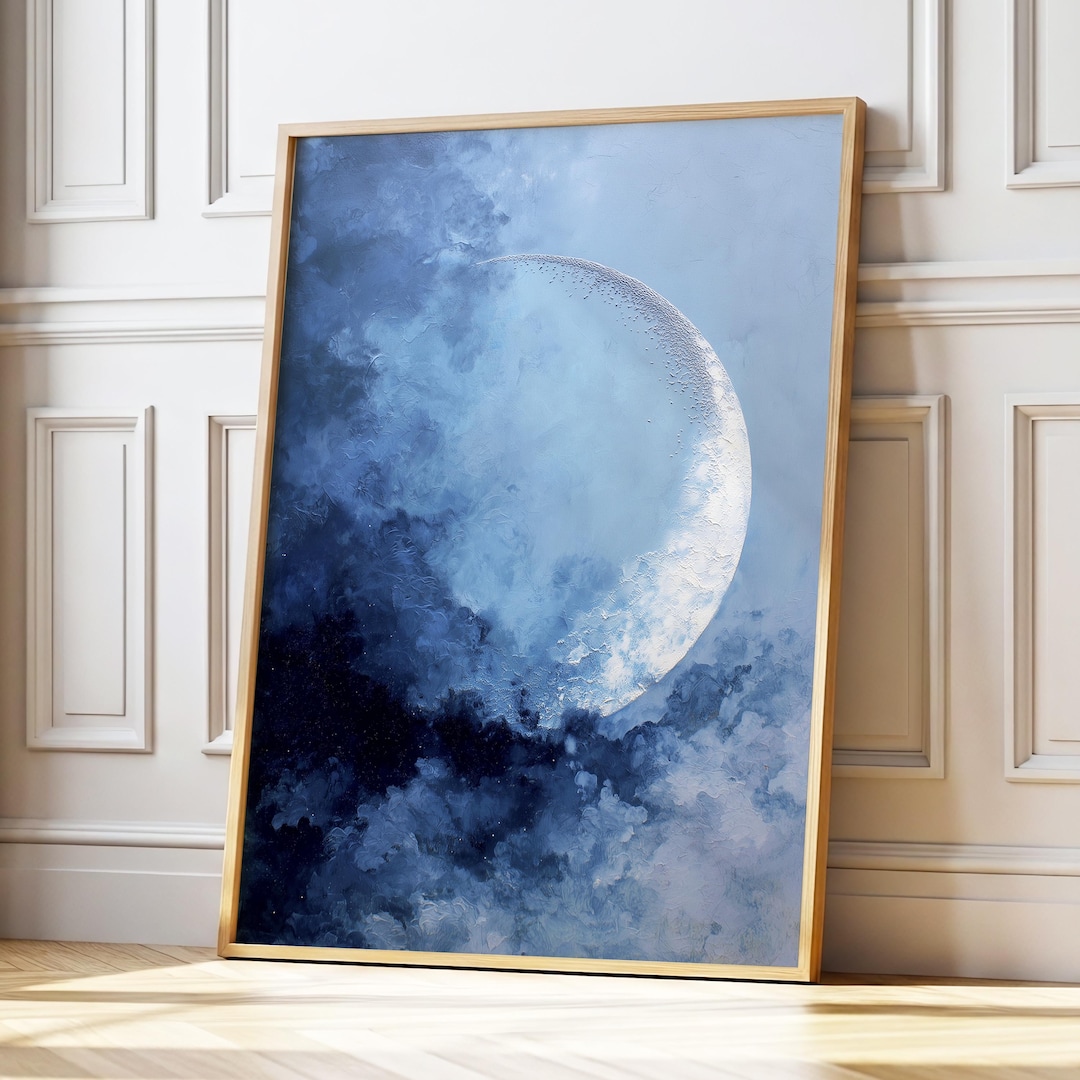 Blue Crescent Moon Wall Art · Minimalist Night Sky Painting · Abstract ...
