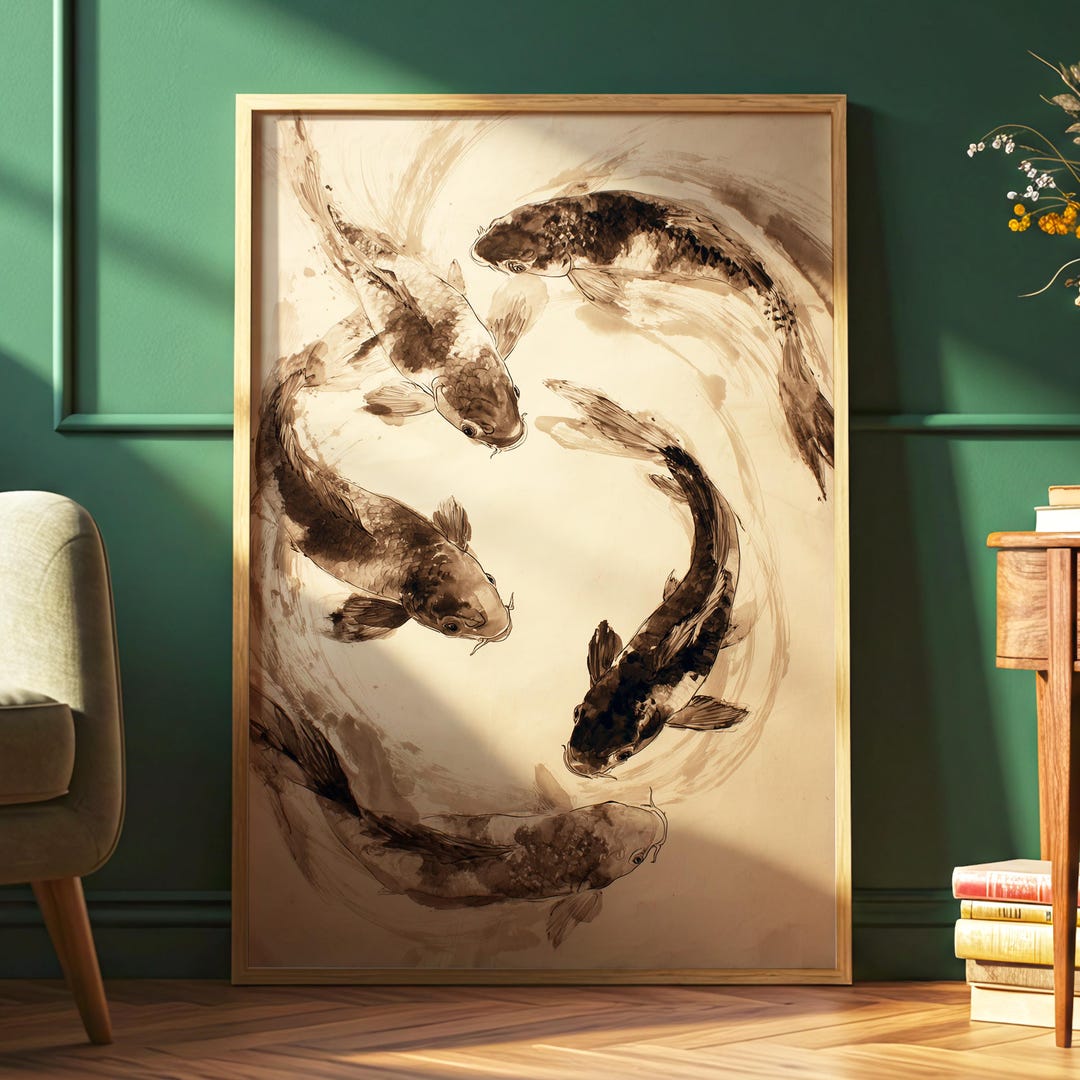 Koi Fish Painting Wall Art · Japanese Zen Decor · Minimalist Ink Style ...