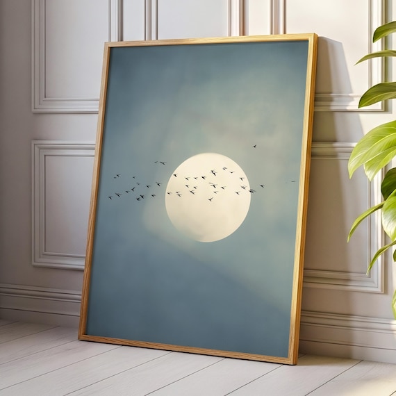 Soft Blue Moon with Birds Wall Art · Minimalist Scandi · Abstract Moon Painting · Large Room Decor · Framed Calming Moon Poster Print Art