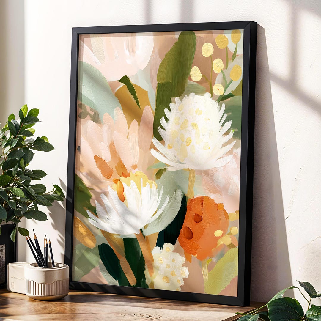 Boho Floral Wall Art · Abstract Botanical Painting · Warm Pastel Flower ...