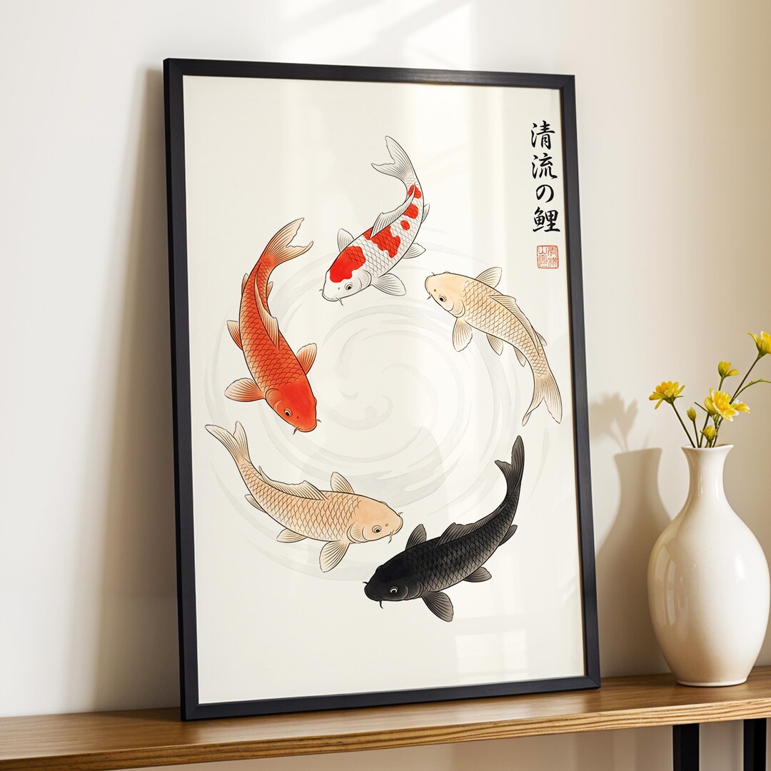 Koi Fish Wall Art Print, Japanese Pond Illustration, Zen Water Decor ...