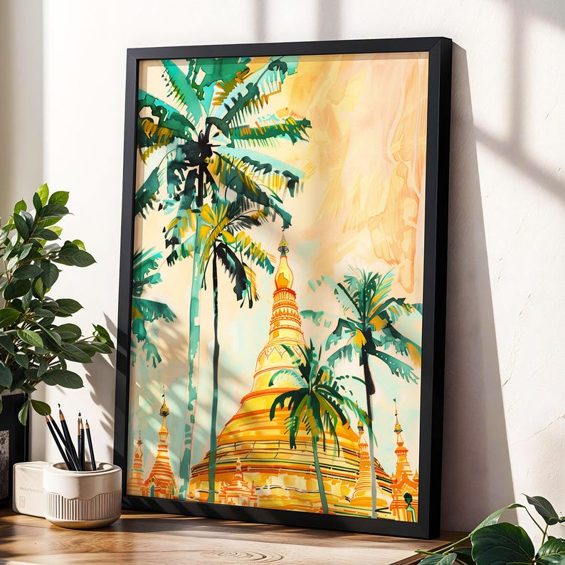 Shwedagon Pagoda Wall Art Tropical Burma Painting Golden Buddhist Shwedagon Pagoda Wall Art Tropical Burma Painting Golden Buddhist