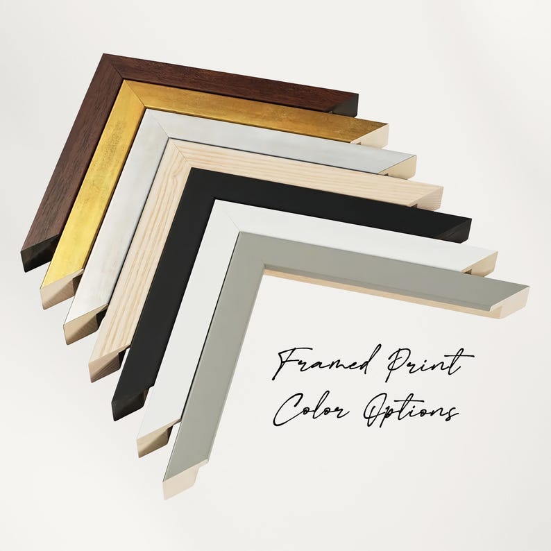 Pu&ograve; includere: Una selezione di opzioni di colore per stampe incorniciate, che mostra vari campioni d'angolo. I campioni includono marrone scuro, oro, bianco, legno naturale, nero, bianco e grigio. Il testo recita "Opzioni colore stampa incorniciata."