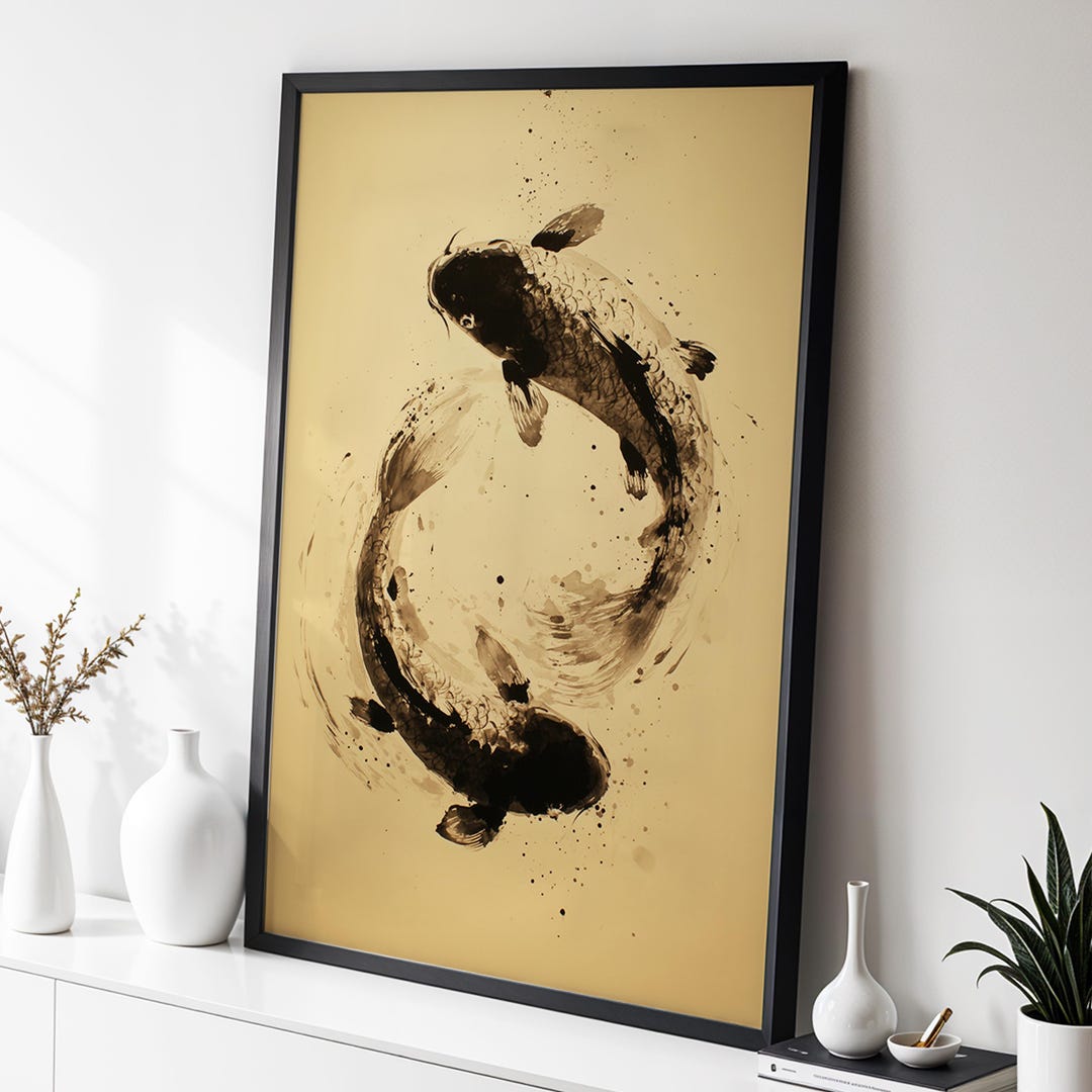 Koi Fish Painting Wall Art · Japanese Zen Decor · Minimalist Ink Style ...