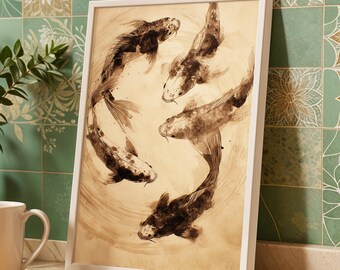 May include: A framed art print featuring a watercolor painting of koi fish in shades of brown and white. The fish are depicted swimming in a circular pattern against a beige background. The artwork is encased in a white frame.
