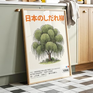 May include: Framed art print featuring a detailed illustration of a weeping willow tree. The artwork includes Japanese text in orange at the top and English text at the bottom, with the year 1996. The tree is depicted with green foliage and a brown trunk.