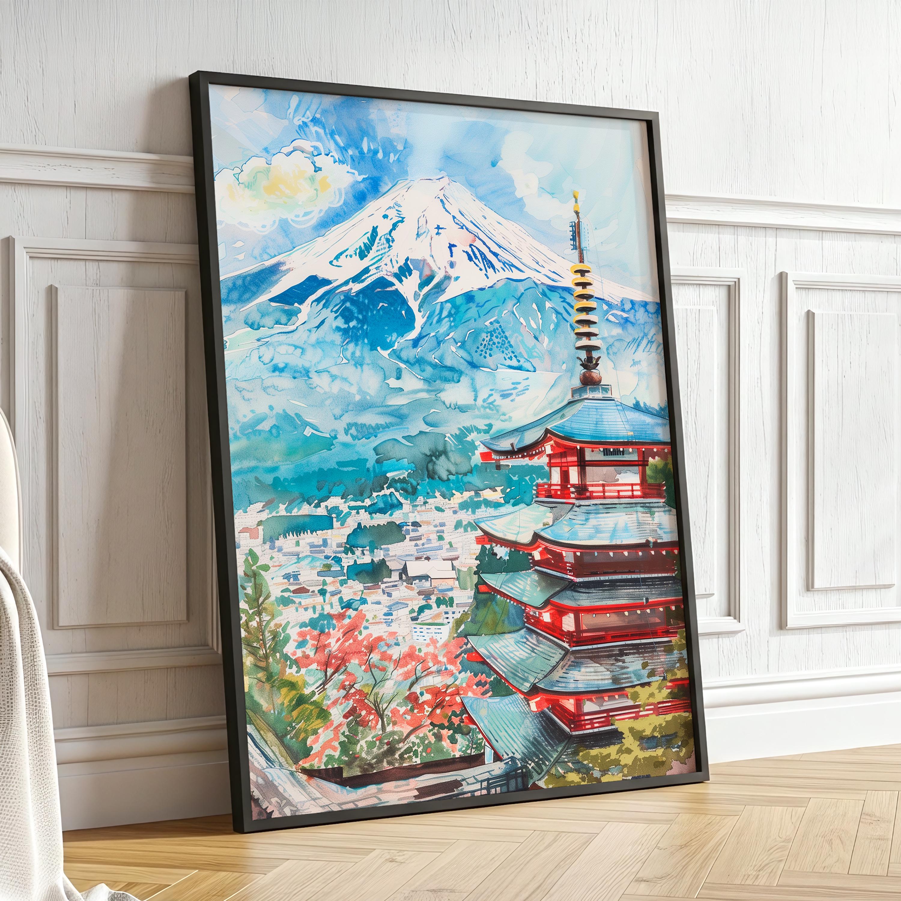 Mount Fuji Wall Art Print, Japanese Pagoda Painting, Cherry Blossom ...