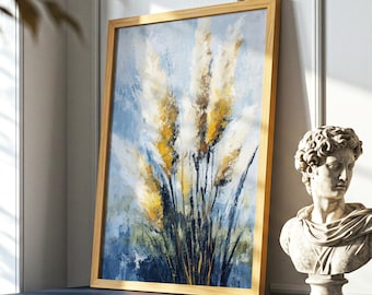 Coastal Pampas Breeze – Textured Neutral Grass Painting in Soft Blues and Mustard, Modern Coastal Farmhouse Wall Art