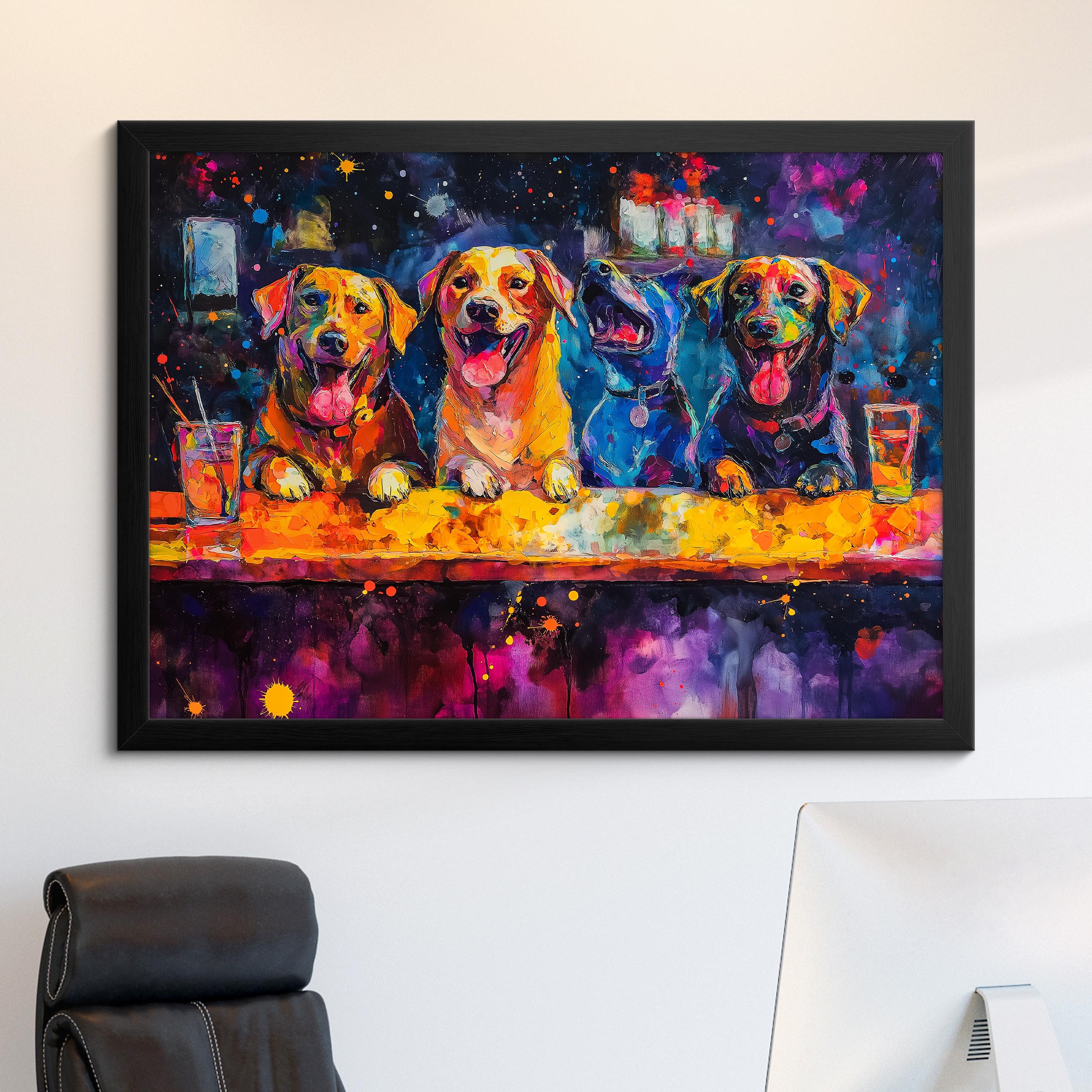 Colorful Dogs at the Bar Canvas Art - Vibrant Abstract Pet Wall
