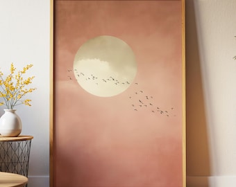 Soft Pink Moon with Birds Wall Art · Minimalist Scandi · Abstract Moon Painting · Large Room Decor · Framed Calming Moon Poster Print Art