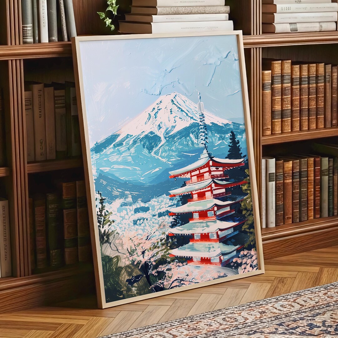 Mount Fuji Wall Art Print, Japanese Pagoda Painting, Cherry Blossom ...