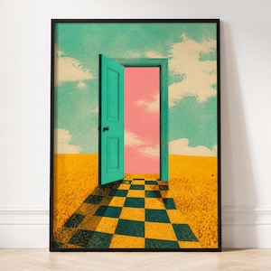 May include: A framed art print featuring a teal door standing in a yellow field. A checkered path leads to the door, which opens to reveal a pink sky. The background shows a teal sky with white clouds, all enclosed in a thin black frame.