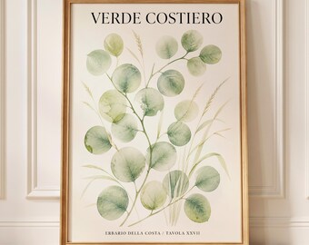 Green Eucalyptus Botanical Wall Art Print, Coastal Italian Herbarium Poster, Watercolor Leaf Decor for Kitchen, Living Room or Bedroom Art