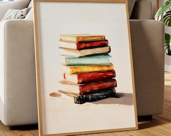 Library of Light – Painterly Vintage Book Stack Print, Cozy Reading Nook Wall Art for Book Lovers Bedroom or Study