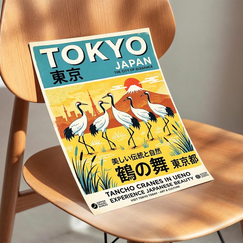 Tokyo Japan Wall Art Poster | Retro Vintage Giclée Print With Crane ...