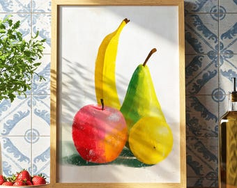 May include: A framed still life painting of fruit. A yellow banana, green pear, red apple, and yellow lemon are depicted. The painting is in a wooden frame, set against a blue and white tiled wall. Strawberries and cherries are in a bowl in the foreground.