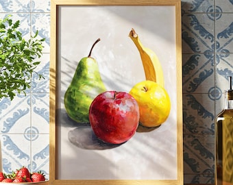 May include: A framed still life painting of fruit. A green pear, a red apple, and a yellow banana are arranged together. The painting is in a wooden frame and is set against a light background.