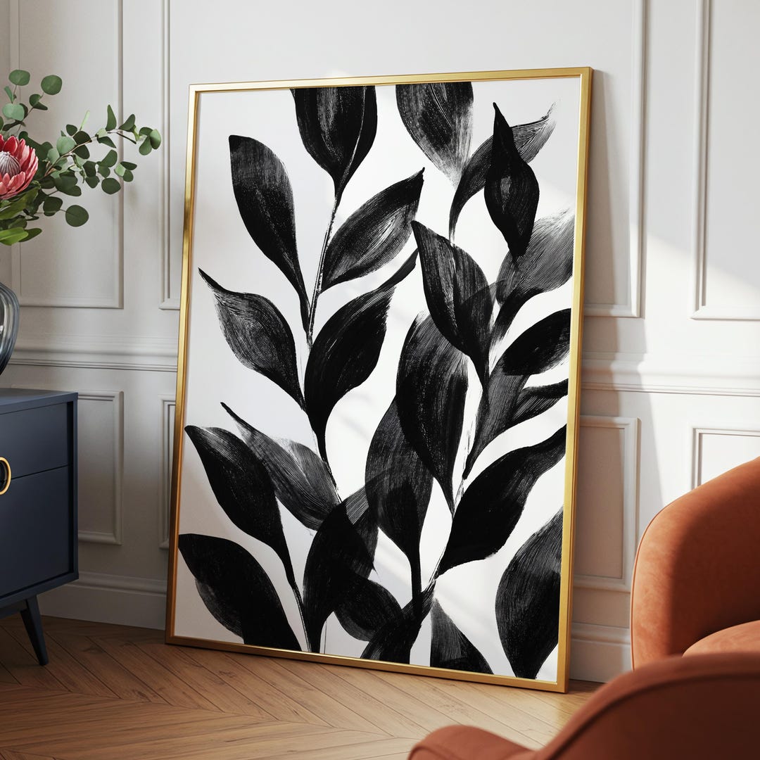 Black and White Leaf Wall Art · Minimalist Botanical Painting ...