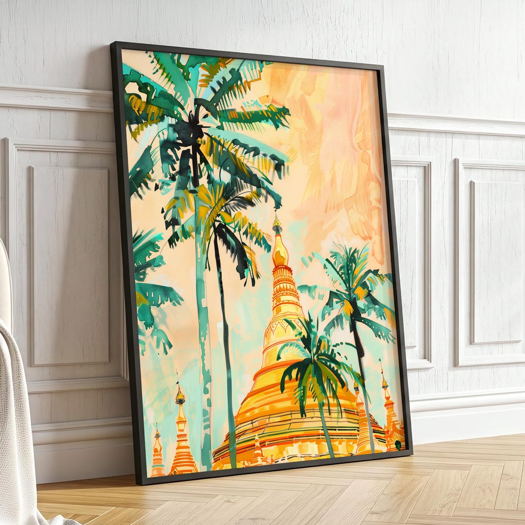 Shwedagon Pagoda Wall Art Tropical Burma Painting Golden Buddhist Shwedagon Pagoda Wall Art Tropical Burma Painting Golden Buddhist
