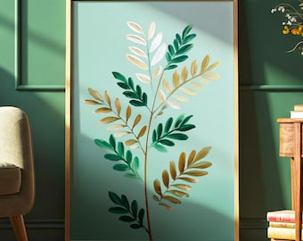 Mint Orchard – Botanical Leaf Art Print in Green and Gold, Fresh Modern Nature Wall Decor for Kitchen Dining Room