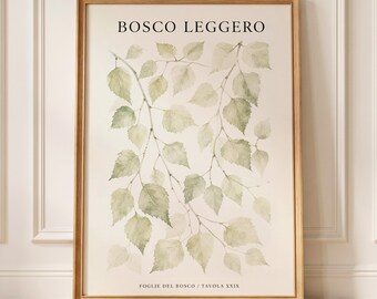 Botanical Leaf Wall Art Print, Green Watercolor Branch Poster, Italian Forest Decor, Minimalist Nature Artwork for Living Room or Bedroom